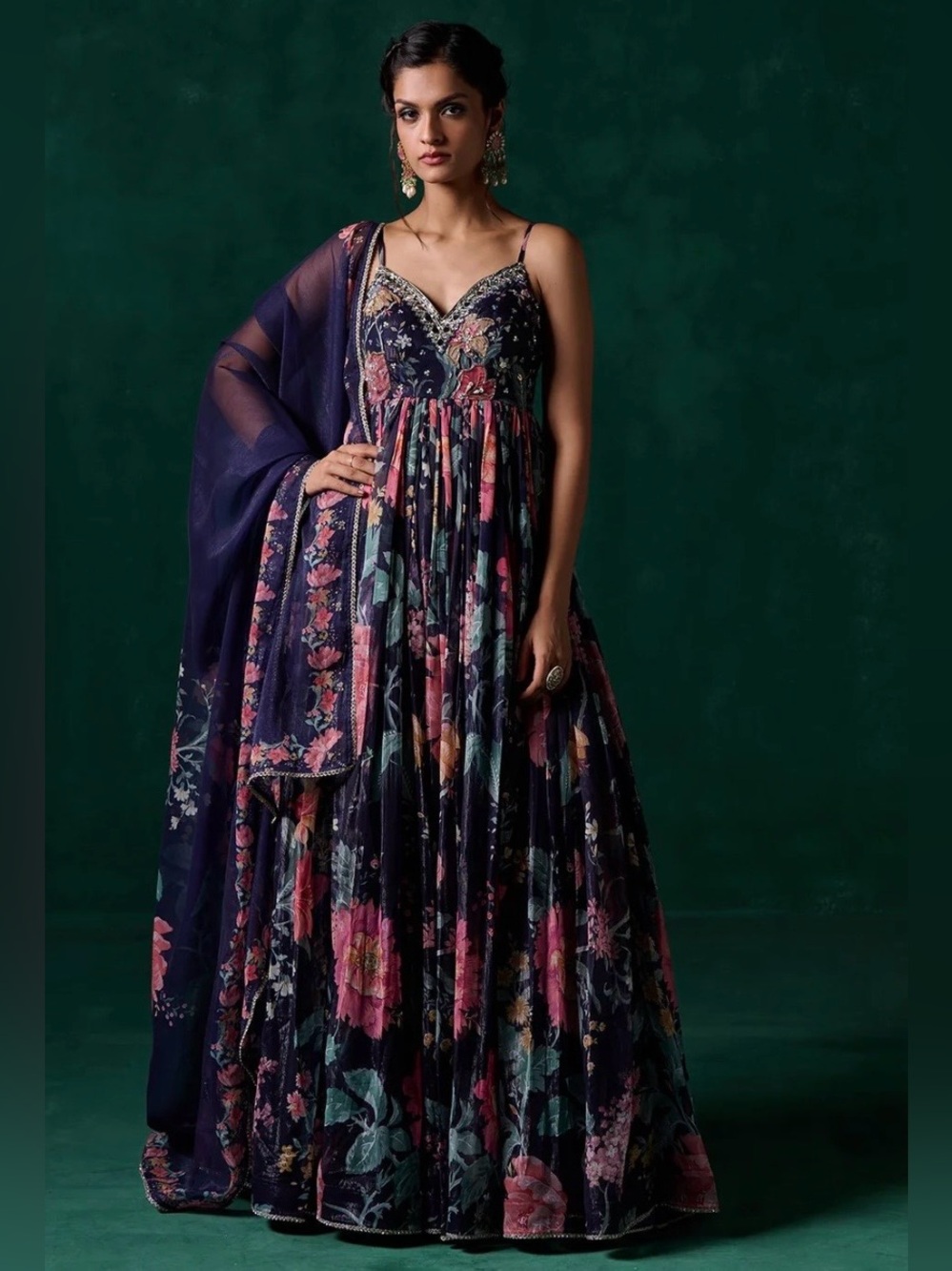 Navy Blue Multicolor Floral Printed Anarkali